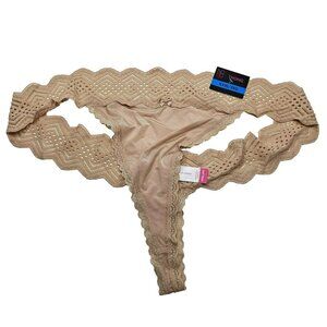 No Boundaries Microfiber & Lace Thong Panties Womens Size XXXL Sheer Taupe Beige